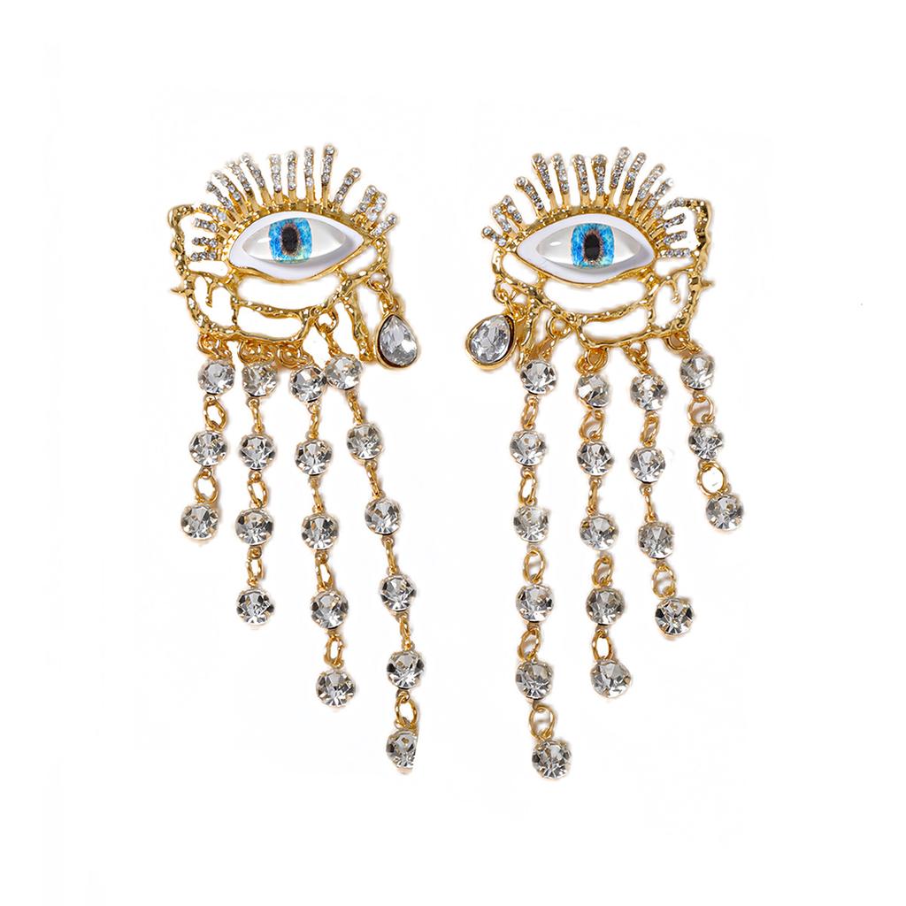 Europäische und amerikanische Mode, übertrieben und exquisit, schwere Legierung, lange Strass-Quasten, Teufelsauge, Ohrringe, vielseitig und hochwertig