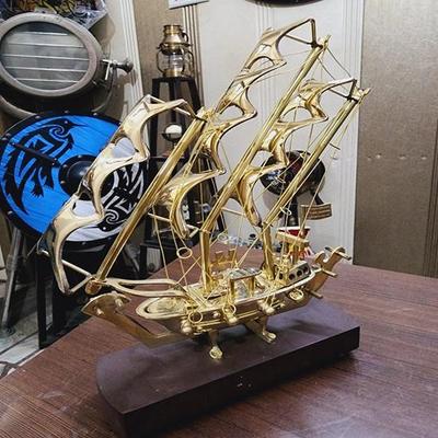 Handcrafted 30.48 Cm Pure Brass Ship Model with Wooden Base Nautical Home Office Decor