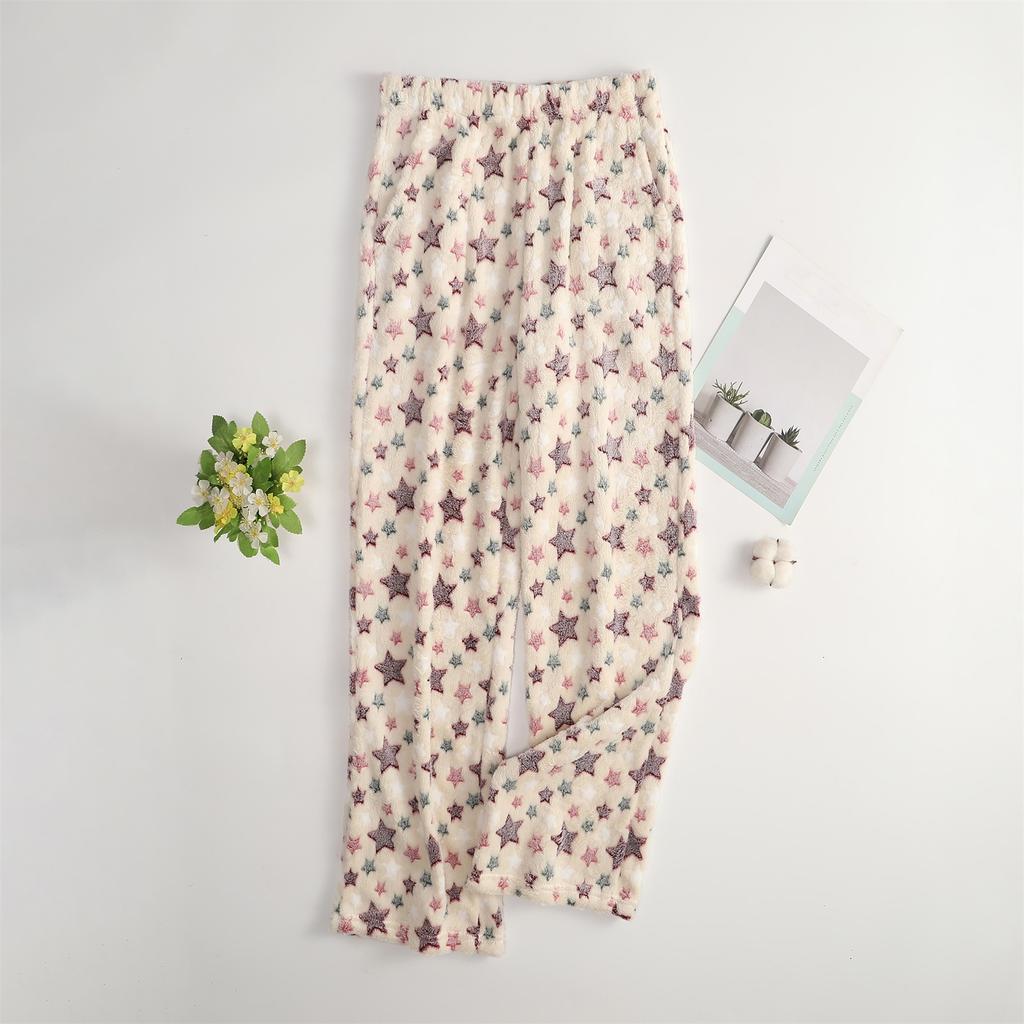 Dámské pyžamové kalhoty, Plyšové pyžamové kalhoty, Měkké pyžamové kalhoty s elastickým pasem, Kalhoty s hvězdami a 2 kapsami