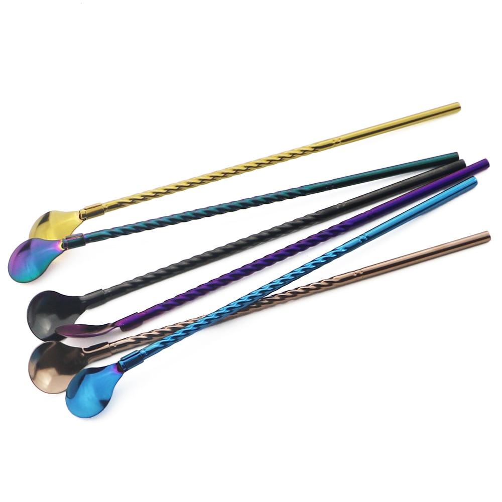 Gold Long Straw Spoons Metal Stainless Steel Straight Scoop Reusable Straw Cocktail Coffee Stirring Drinking Spoon Bar Accessory