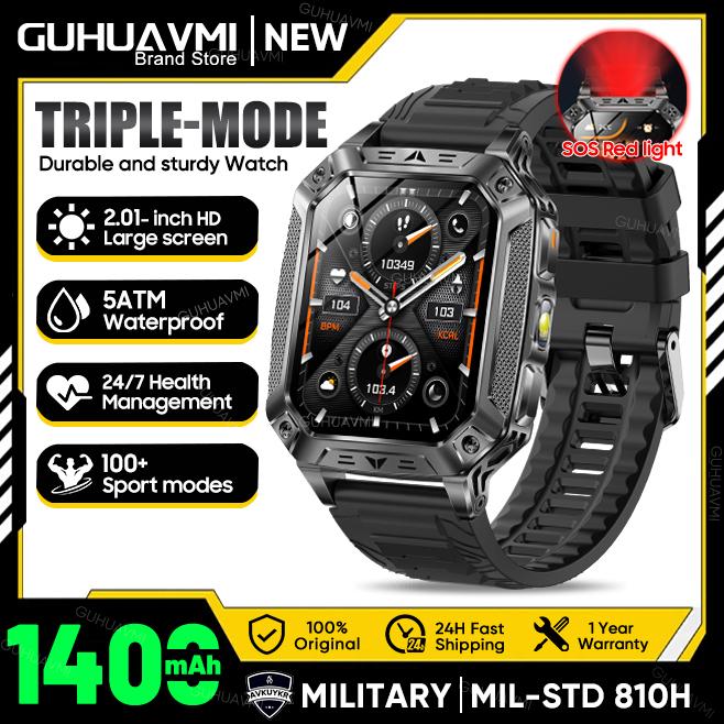 New Outdoors Durable Military Men Smart Watch 1400mAh battery 5ATM Swim LED flashlight+SOS Red Light Sports Call Smartwatch