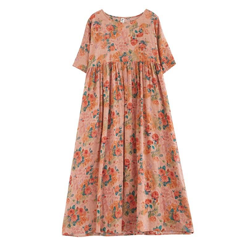 Johnature Letnie Sukienki Vintage Casual Sukienki z Kwiatowym Nadrukiem Luźne Dekolt O-neck Krótki Rękaw Kieszenie Proste Wygodne Damskie Sukienki