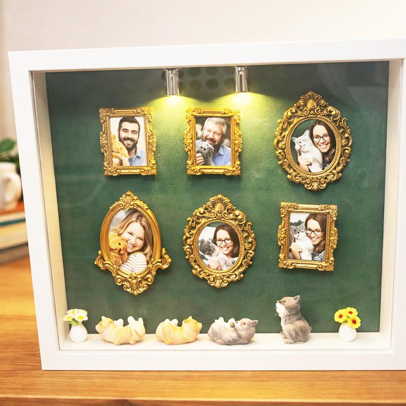 DIY Cat Mini Museum Silhouette Box, Familyand Cat Memory Photo Display Case Frame Silhouette Box With Light