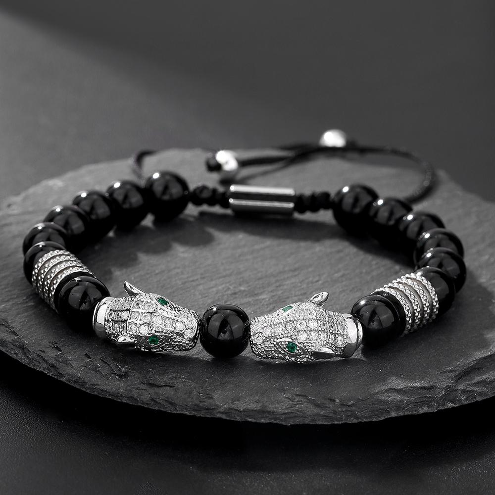 A men's handmade beaded braided bracelet, leopard head vintage jewelry suitable for men's daily wear