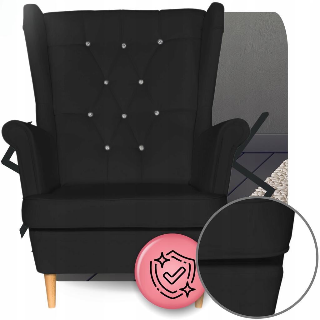 Fotel Uszak eko skóra Gaja z podnóżkiem Skandynawski Family meble czarny