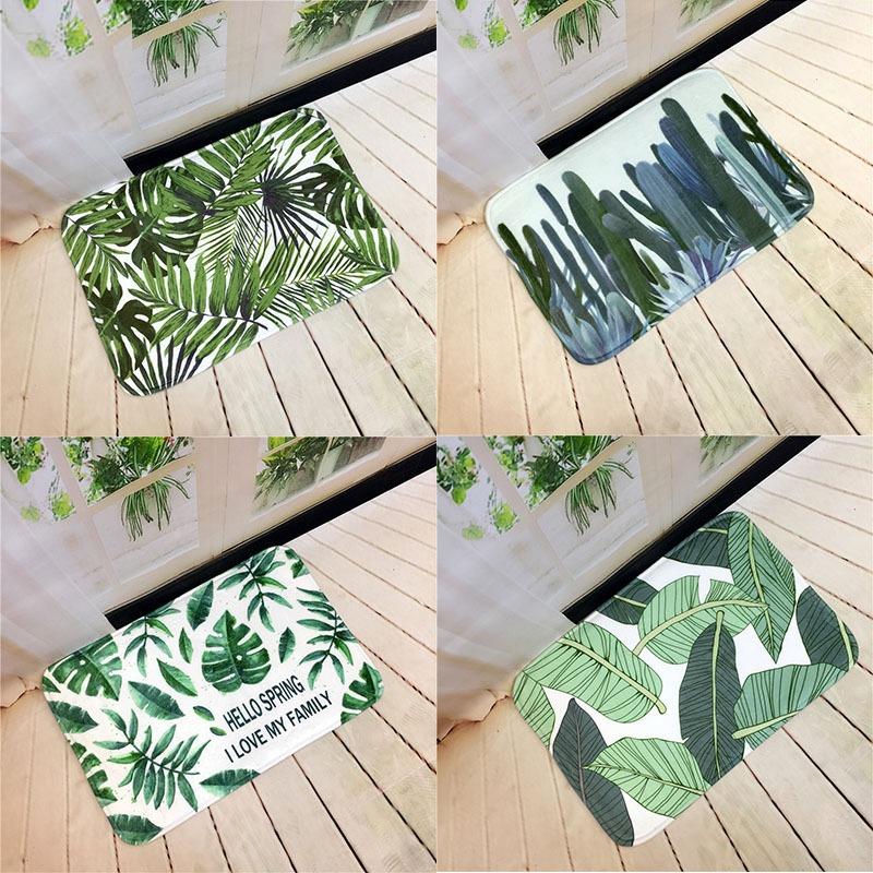 Soft Non-slip Absorbent Flannel Door Mat with Green Plant Design Washable Bathroom Kitchen Rug Home Decoration Carpet