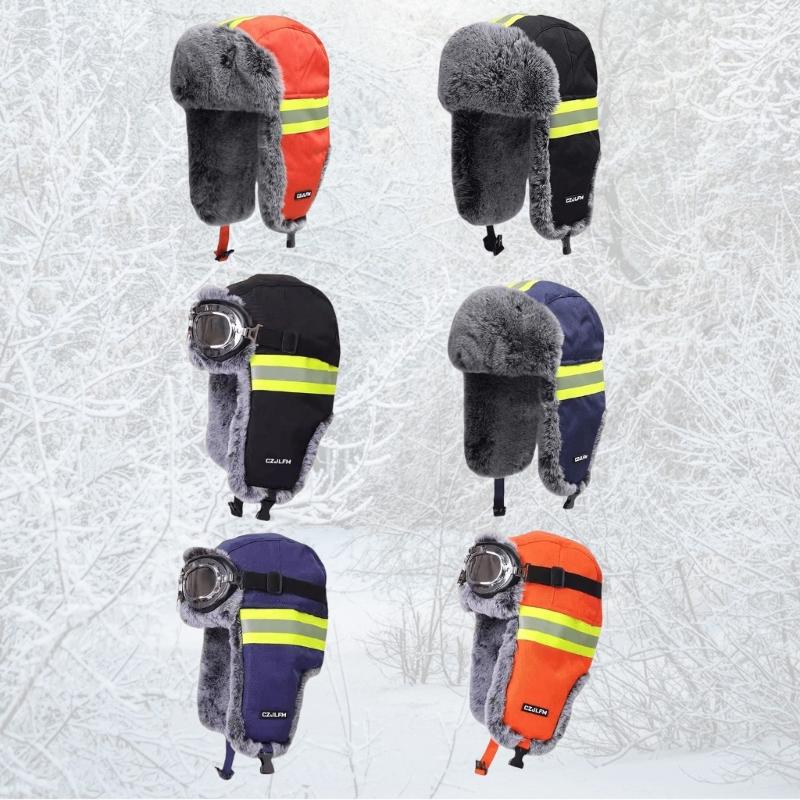 Reflektierende Winter-Trappermütze zum Radfahren Hohe Sichtbarkeit Warm Thermisch Fellige Ohrenklappen Mützen mit Abnehmbarer Brille