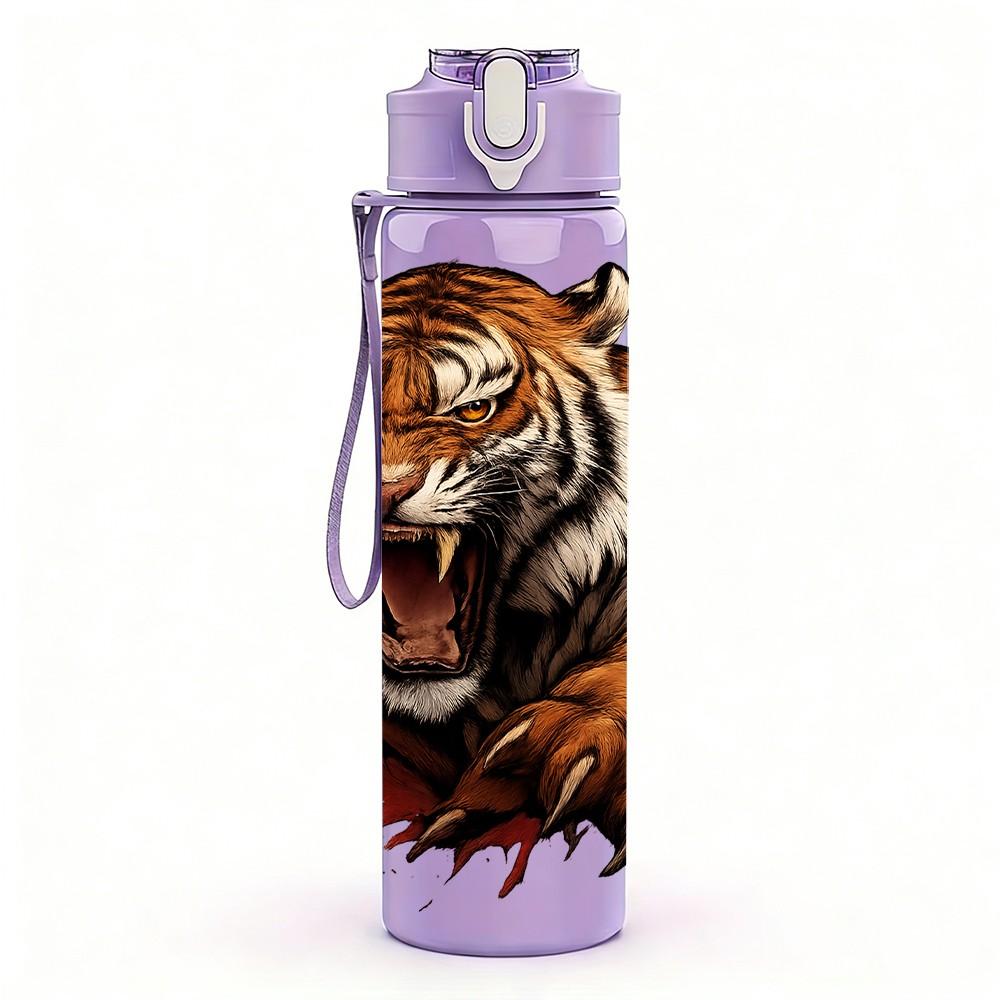 1PC Fierce Tiger Wild Animal Pattern 750ml Color Plastic Sports Water Bottle Leakproof Flip Straw Lid Suitable for Sports Office Home Use