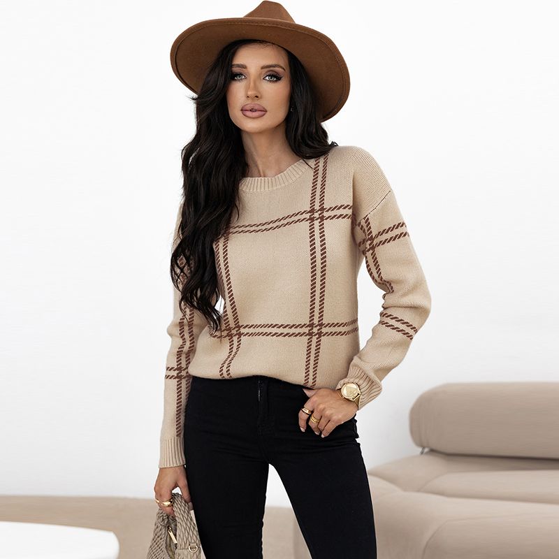European and American Leisure All-Match O-neck pullover Top Women 2025 Winter New Plaid Patchwork Drop Shoulder Sweater Women