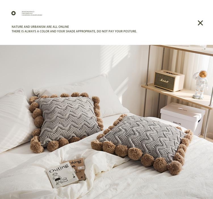 Ruijing Four Seasons Nordic Pom-Pom Chenille Knit Blanket & Cushion Set