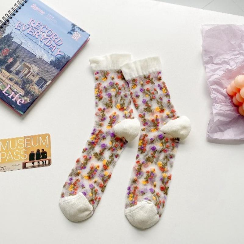 Ultra-thin Transparent Crystal Silk Socks Women Fashion Summer Harajuku Crew Socks Retro Flower Streetwear Elastic Long Socks