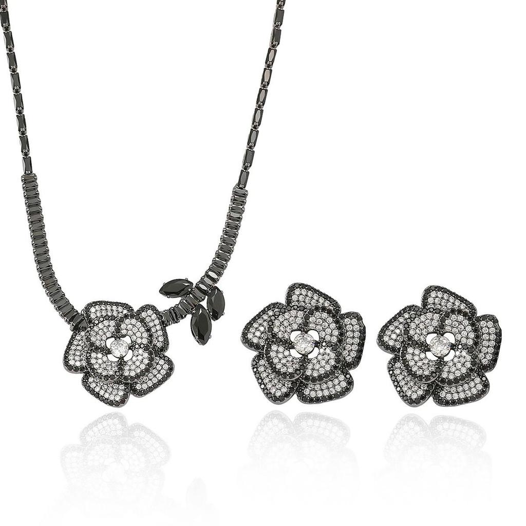 Black Rose Zirconia Flower Necklace and Earrings Set for Women