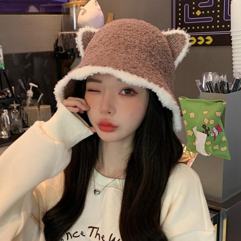 Korean Version of Versatile Autumn and Winter New Hat for Women Cute Bear Imitation Lamb Velvet Fisherman Hat Winter Warm Wave Edge Basin Hat