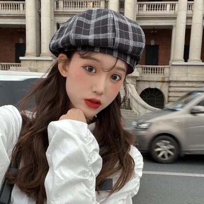 Thin Plaid Beret Girls College Style Show Face Small Hat Big Hat Top Pumpkin Hat Niche Painter Hat