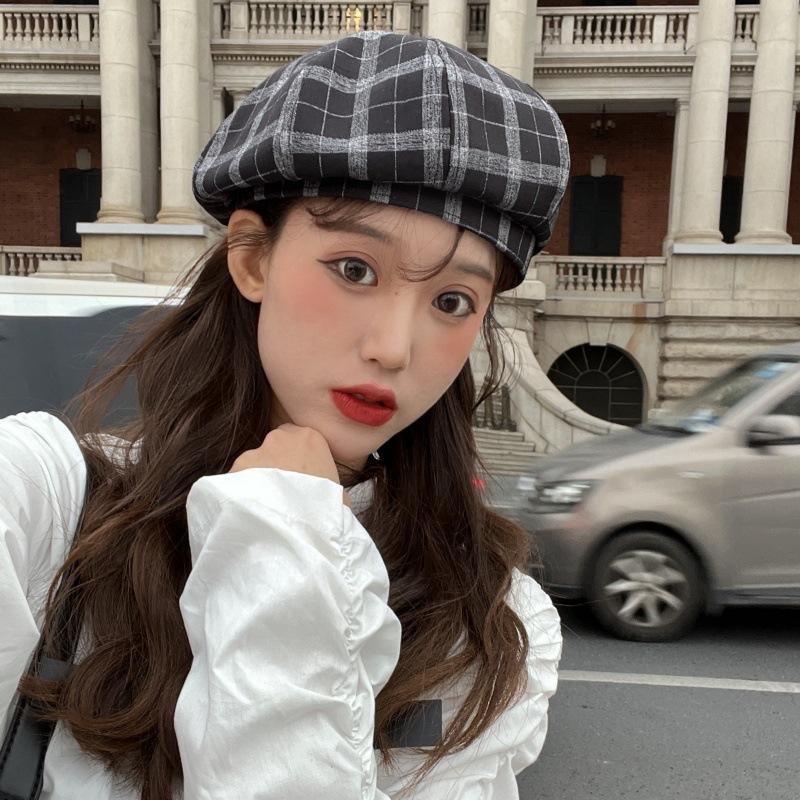 Thin plaid beret girls college style show face small hat big hat top pumpkin hat niche painter hat