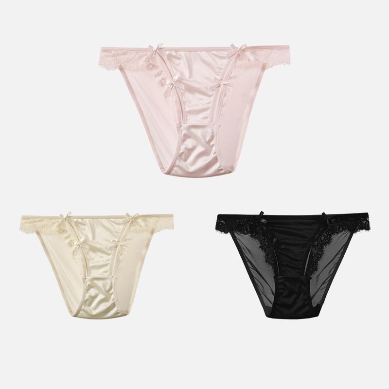 CINOON 3Pcs/Lot Women's Satin Sexy Briefs Lace‑Trim Mesh Spliced Panties Bow‑decor Solid‑Color Hollow‑out Bikini Briefs