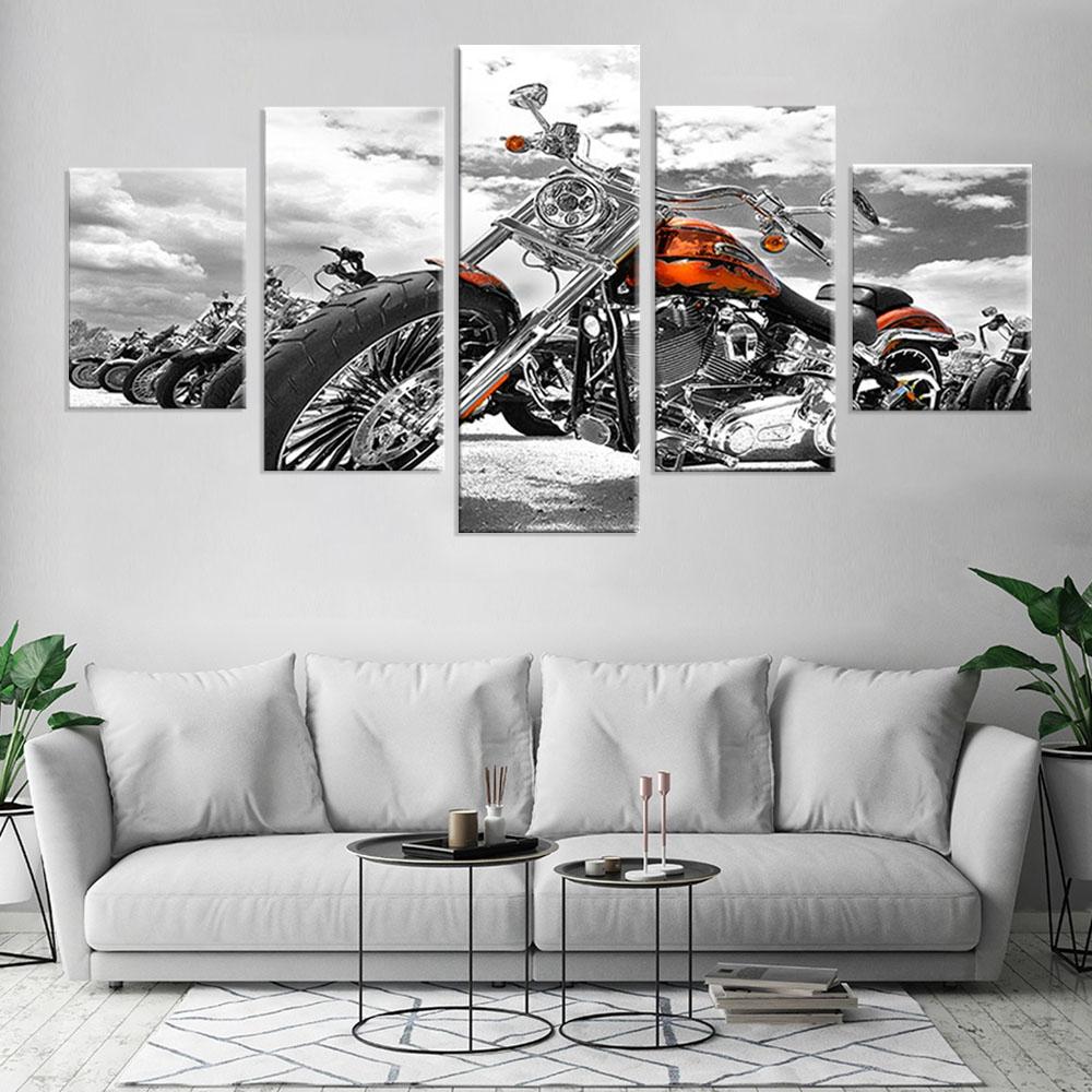 

Motorcycle Black And White Poster Painting 5 Pieces Canvas Art Home Decor Living Room Wall Picture Mural Bedroom 20X35 20X45 20X55CM