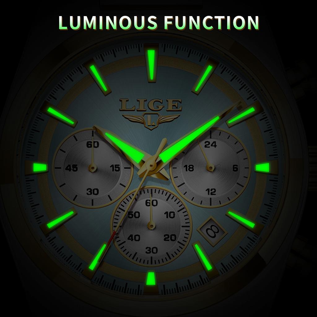 LIGE Mens Watches Fashion Business Quartz Wristwatches Waterproof Stainless Steel Chronograph Luminous Auto Date Watch for Man