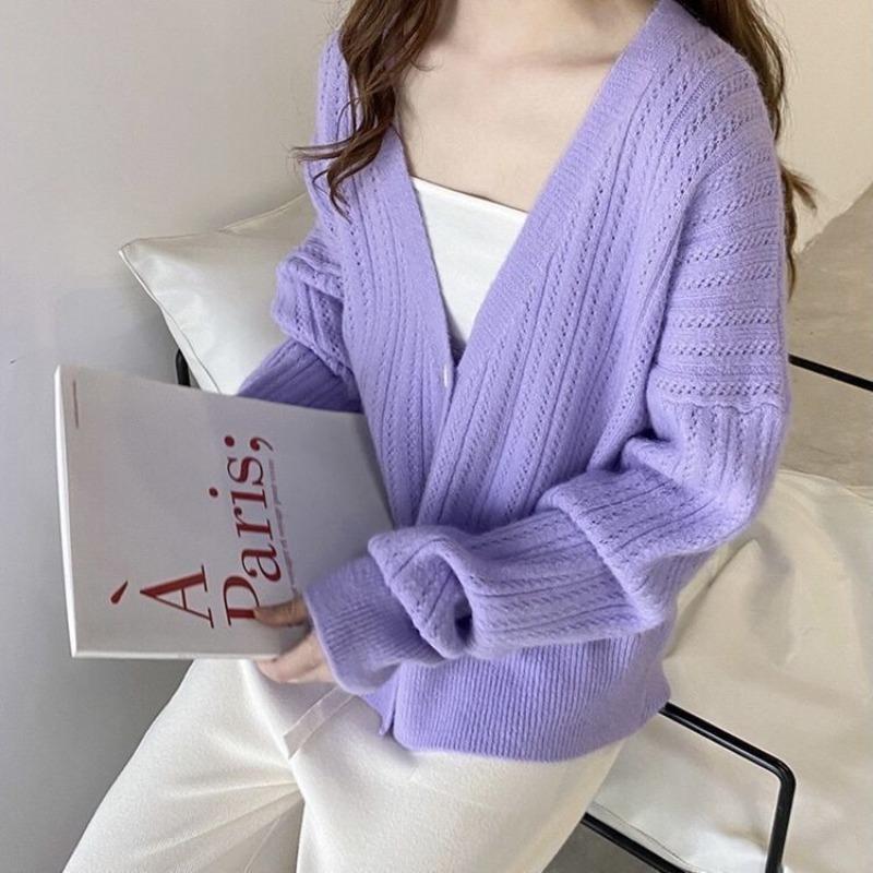 

Весенне-осенний новый дизайн свитер вязаный кардиган куртка женский V-образный вырез свободный верхняя одежда топ обработка One Size фиолетовый