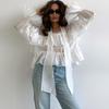 New Spring Summer V-Neck Ruffled Loose Shirt White Women Sheer Tiered Blouse With Tie Neck Bell Sleeves