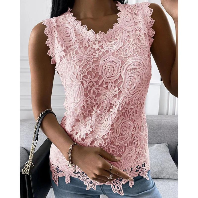 QICED Women's Fashion Casual Solid Color Print Sleeveless O-Neck  Blouses & Shirts