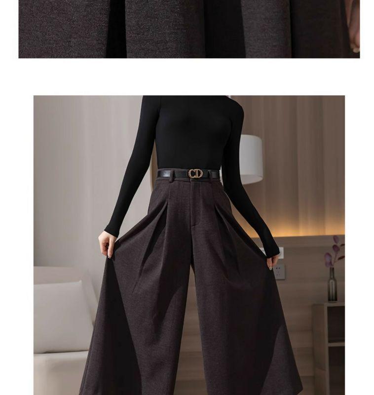 Petite High-Waist Wool Flannel Wide-Leg Pants with Flared Skirt Overlay - Autumn/Winter Fashion.