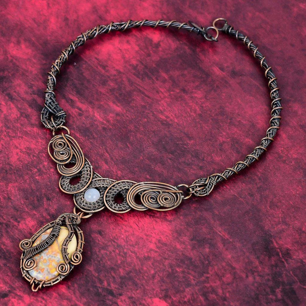 Maligano Jasper Necklace Copper Wire Wrapped Rainbow Moonstone Necklace Copper Jewelry Gemstone Necklace Gifts for Mom Handmade Wire Jewelry
