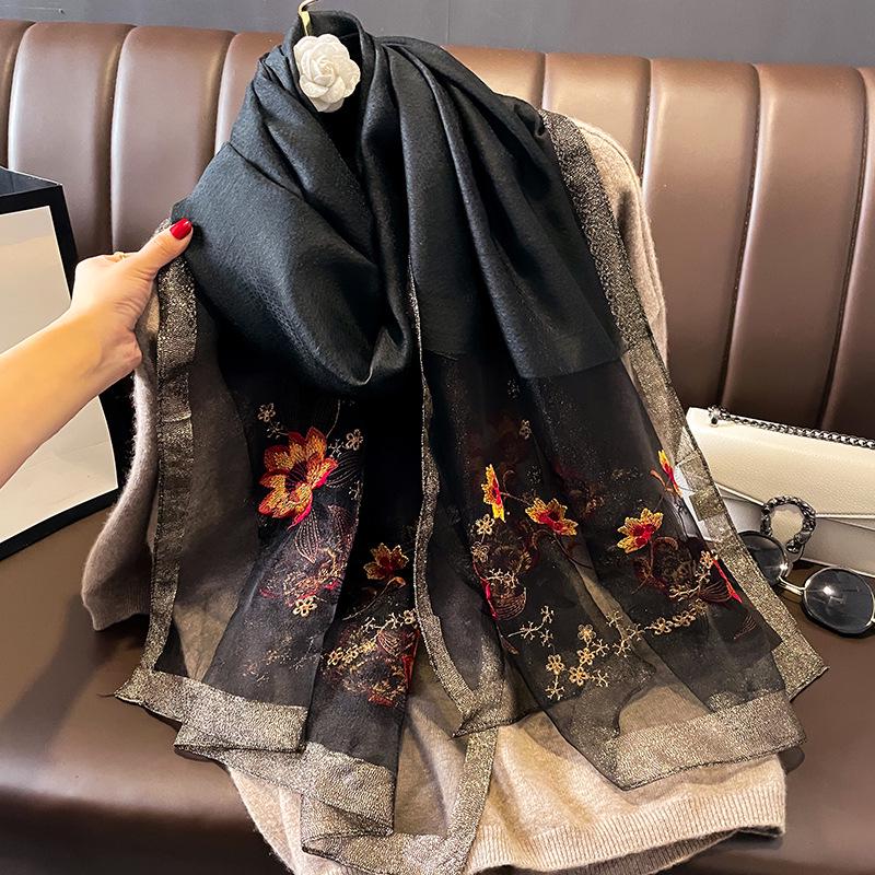 Women's Silk Wool Embroidered Scarf - Dual-Use Winter Shawl & Neck Gaiter