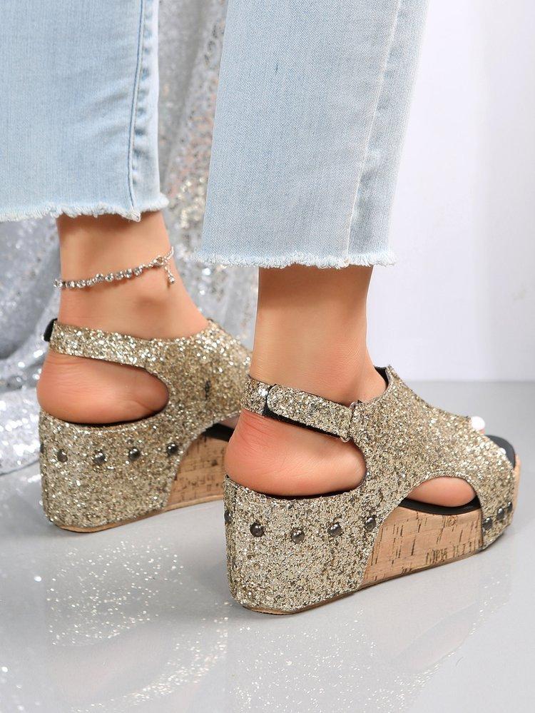 Roman Sandals Women Sequins Flat Slope Heel Thick Bottom Sandals Ladies