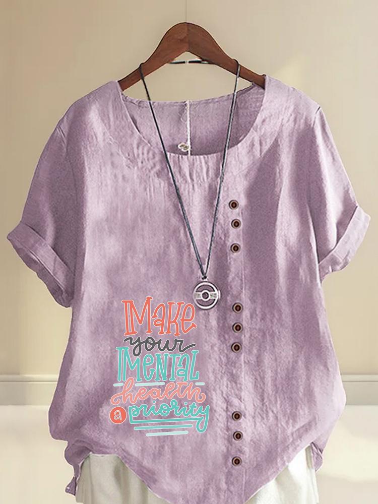 Women's Fashion Multi-color Letters Print Round Neck Short Sleeve T-shirt Summer Casual Cotton Linen Graphic Shirt Leisure Loose Blouse Tops