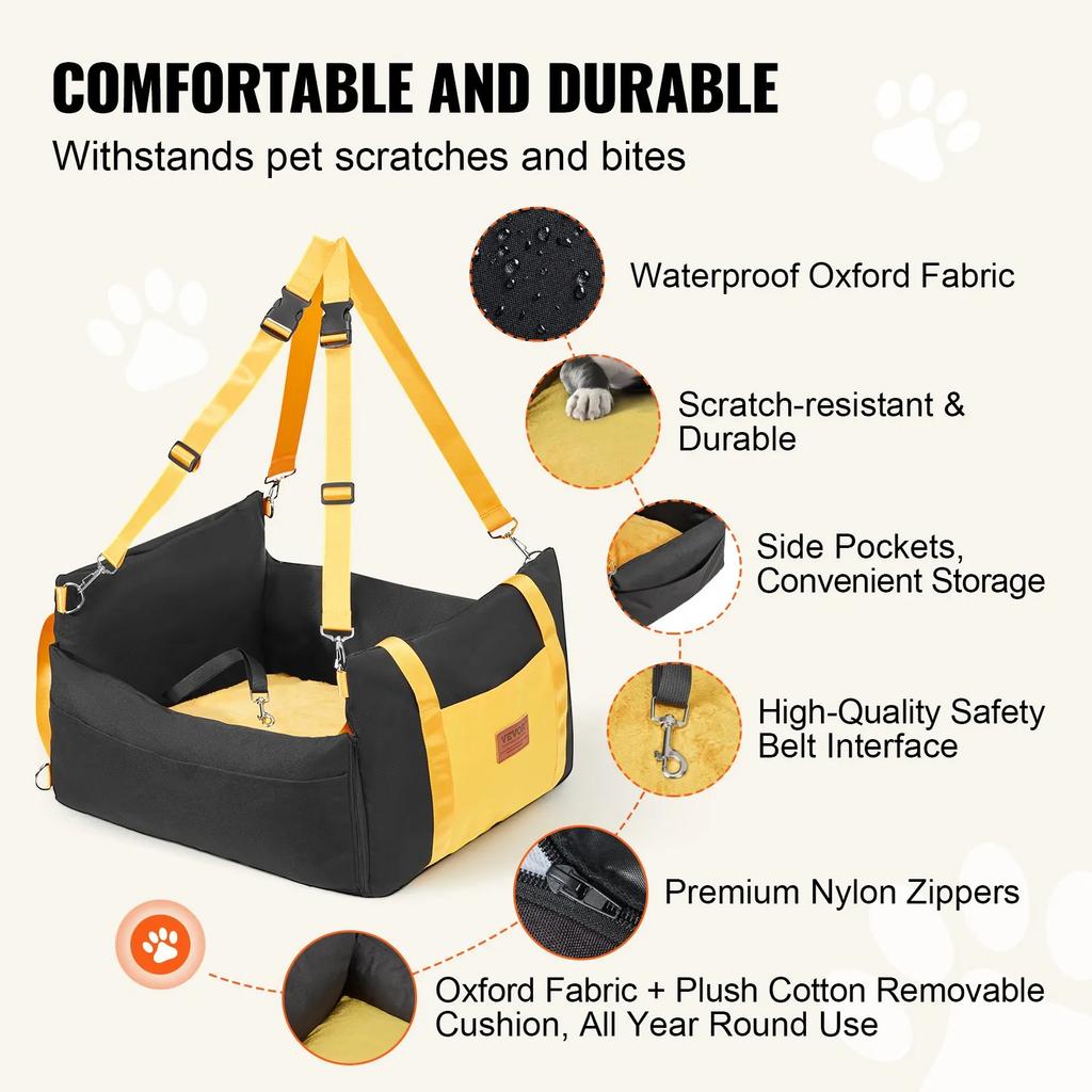 VEVOR Siège Auto pour Chien, Rehausseur Imperméable pour Chien avec Poignées Latérales et Poche de Rangement, Laisse de Sécurité à Clipser et Rembourrage en Coton PP