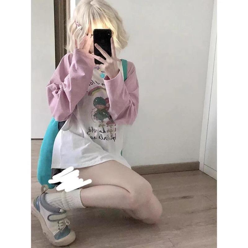 T-Shirt Long Sleeves Clothes Women Cute Cartoon Rainbow Print Long Sleeve T-Shirt Y2k Loose Casual Contrast Girls Tee Tops
