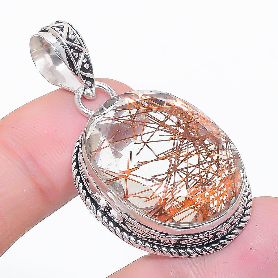 Copper Rutile Gemstone 925 Sterling Silver Jewelry Pendant 1.85"