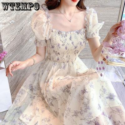 French Square Neck Floral Dress Trend Temperament Thin Chiffon Fairy Long Skirt Slim Waist Bundle Hundred with Bubble Sleeve Dresses