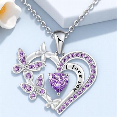 Female Crystal White Purple Zircon Stone Heart Butterfly Pendant Necklace Vintage Silver Color Wedding Jewelry For Women