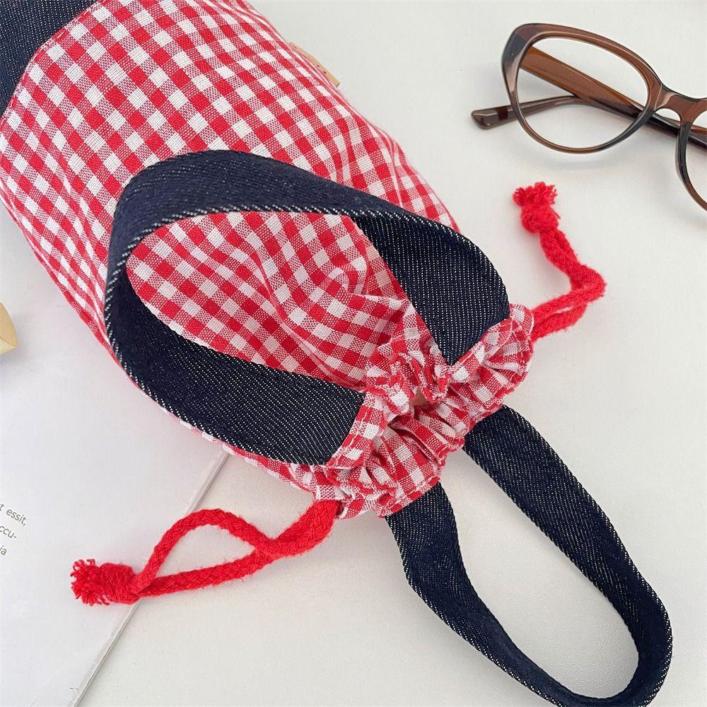 Water Bottle Holder Water Bottle Cover Grid Small Storage Bag Cute Drawstring Canvas Cup Bag  Girls
