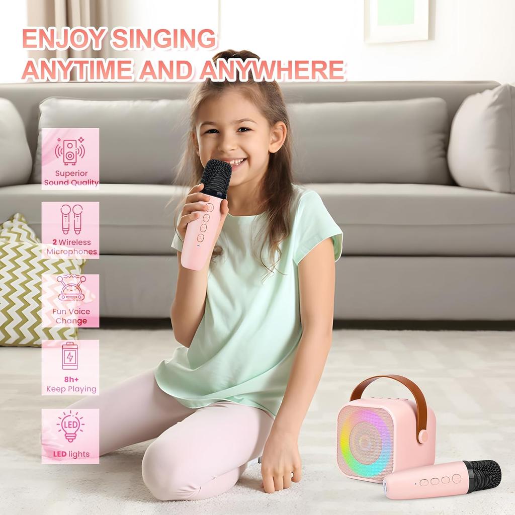 Karaoke Machine for Kids Adults, Mini Portable Bluetooth Karaoke Speaker with 2 Wireless Microphone and Lights, Birthday Gifts for Girls Ages 4, 5,