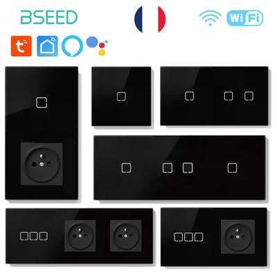 BSEED Wifi Touch Schalter Schwarz 1/2/3-Wege Wandschalter FR Steckdose Tuya Smart Life Alexa App Steuerung Weißes Hintergrundlicht Für Villa