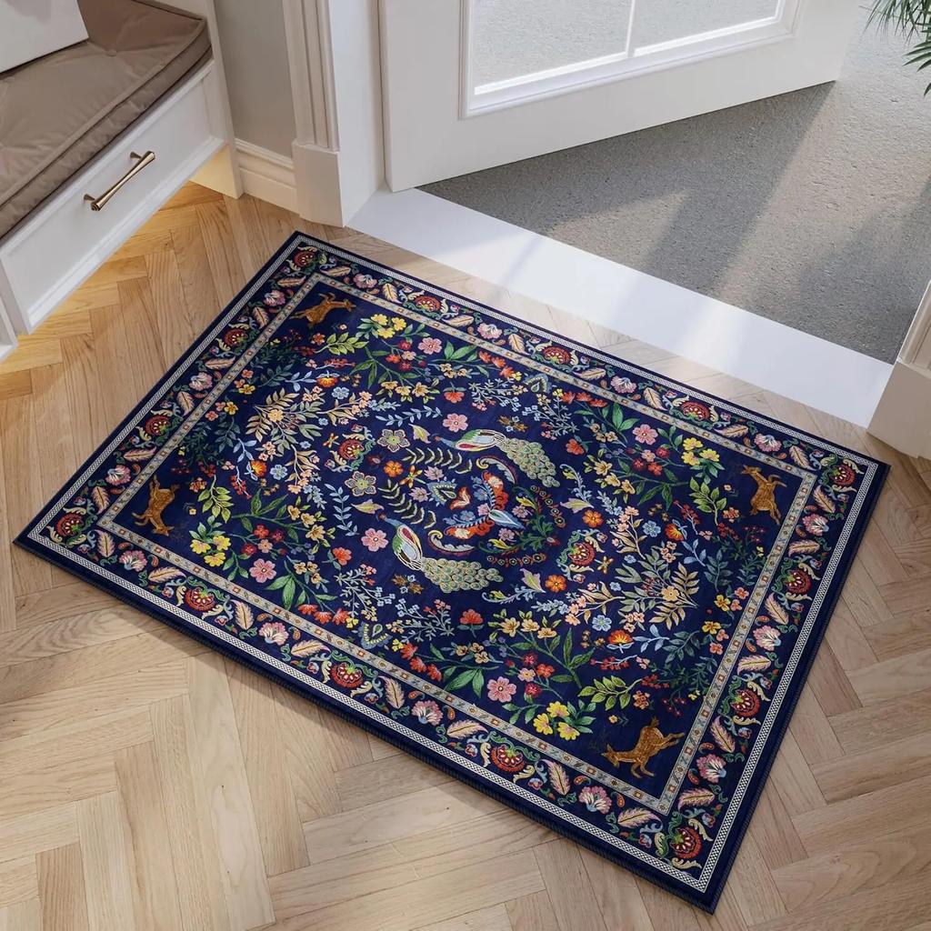 Vikama Machine Washable Area Rug Floral Office Non Slip Small Carpet For Bedroom Bedside Kitchen Entryway Kids Room Office Decor