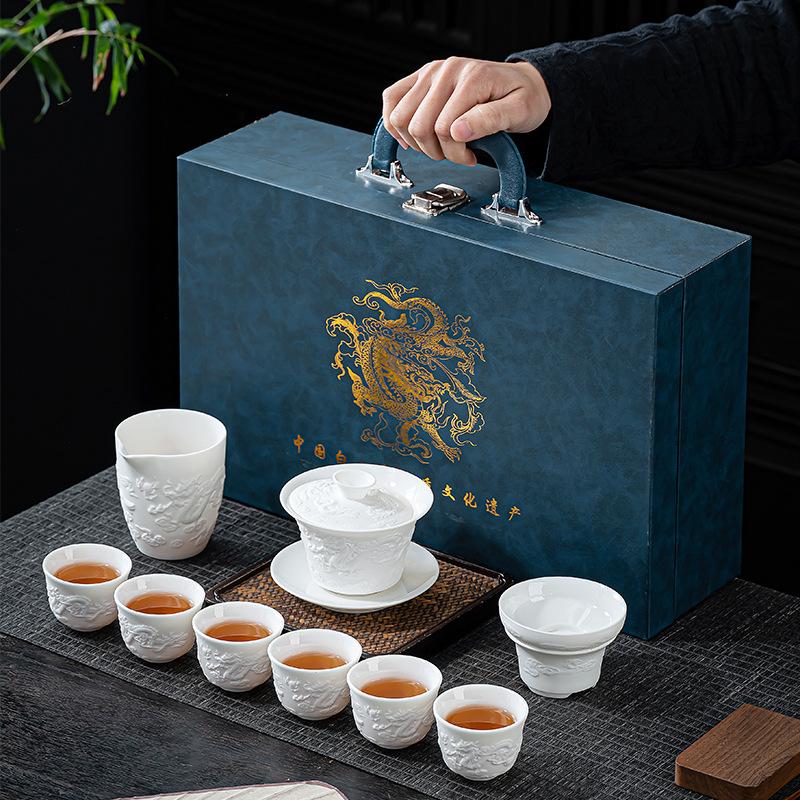 Light luxury suet jade white porcelain relief tea set business office teapot cover bowl