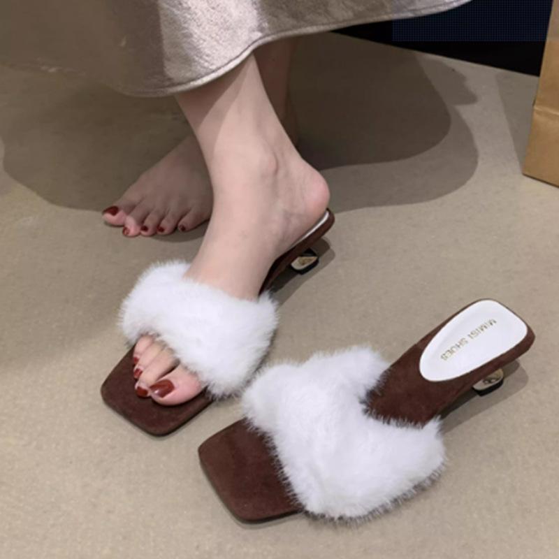 High heels French temperament purple fluffy slippers women's outer wear 2025 new autumn one-word plush cotton slippers