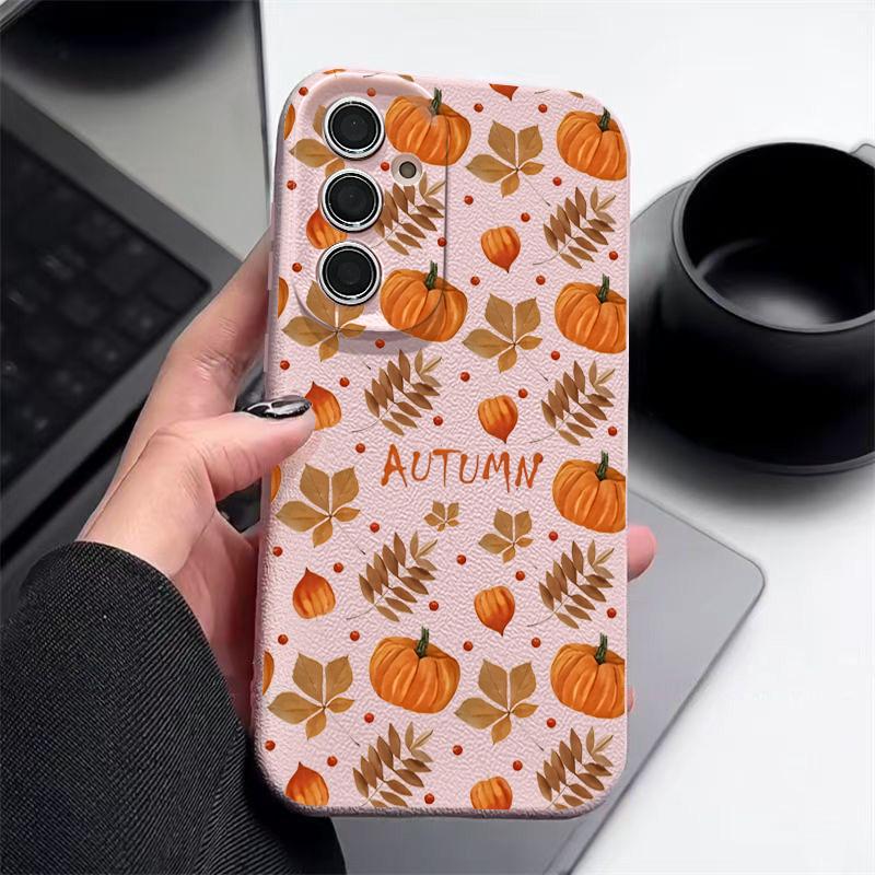 Herbst Kürbisdruck Handyhülle Für Samsung Galaxy S25 Edge S24 S25 FE S23 S22 Ultra A17 A56 A55 A54 A36 A15 A16 Silikon Ledertextur Cover
