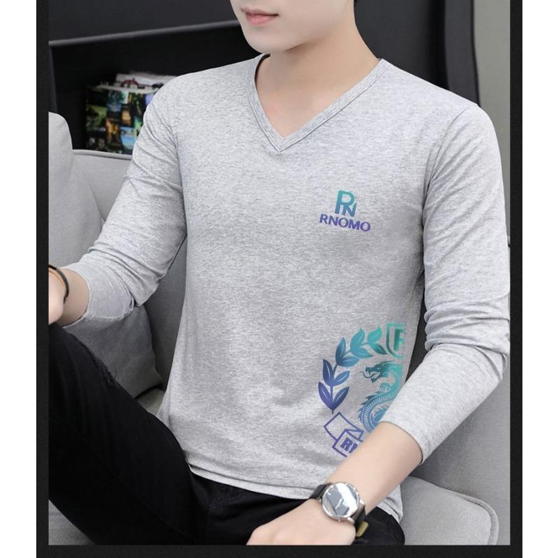 

Новая мужская футболка с длинным рукавом с принтом, весенне-осенняя, приталенная, белая хлопковая базовая футболка, топ с V-образным вырезом L серый