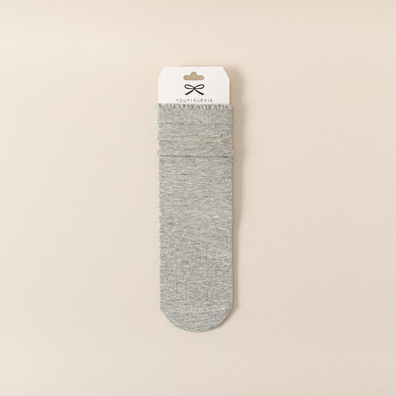 Grey Dui Dui Socks, Women's Mid-calf Cotton Socks, Summer Thin, Damp, Odor-proof, Boneless, White Black Fungus Lace Spring and Autumn Long Socks