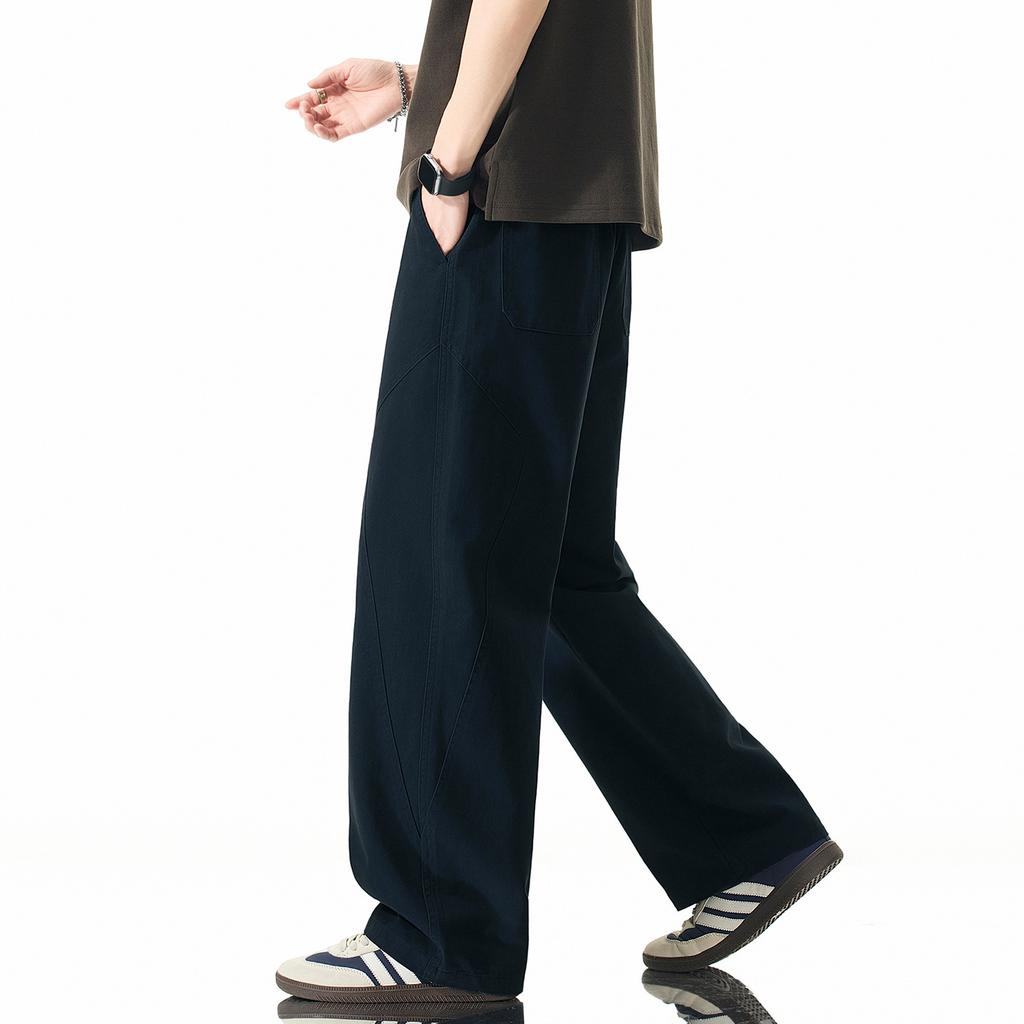 American Solid Color Simple Trendy Brand Splicing Overalls Men's Pure Cotton Comfortable Loose Wide Leg Straight Casual Long Pants