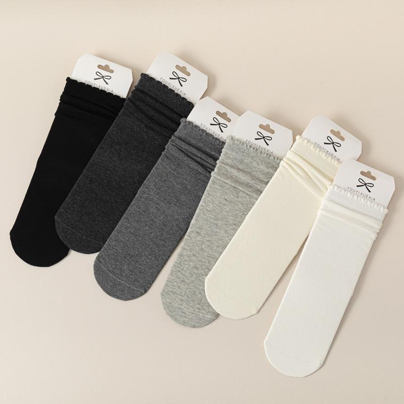5/10 Pairs Comfortable Casual Lace Socks for Women Solid Color Flat Earring Edge Mid Calf Socks Breathable Sweat Absorbing Cotton Pile Socks