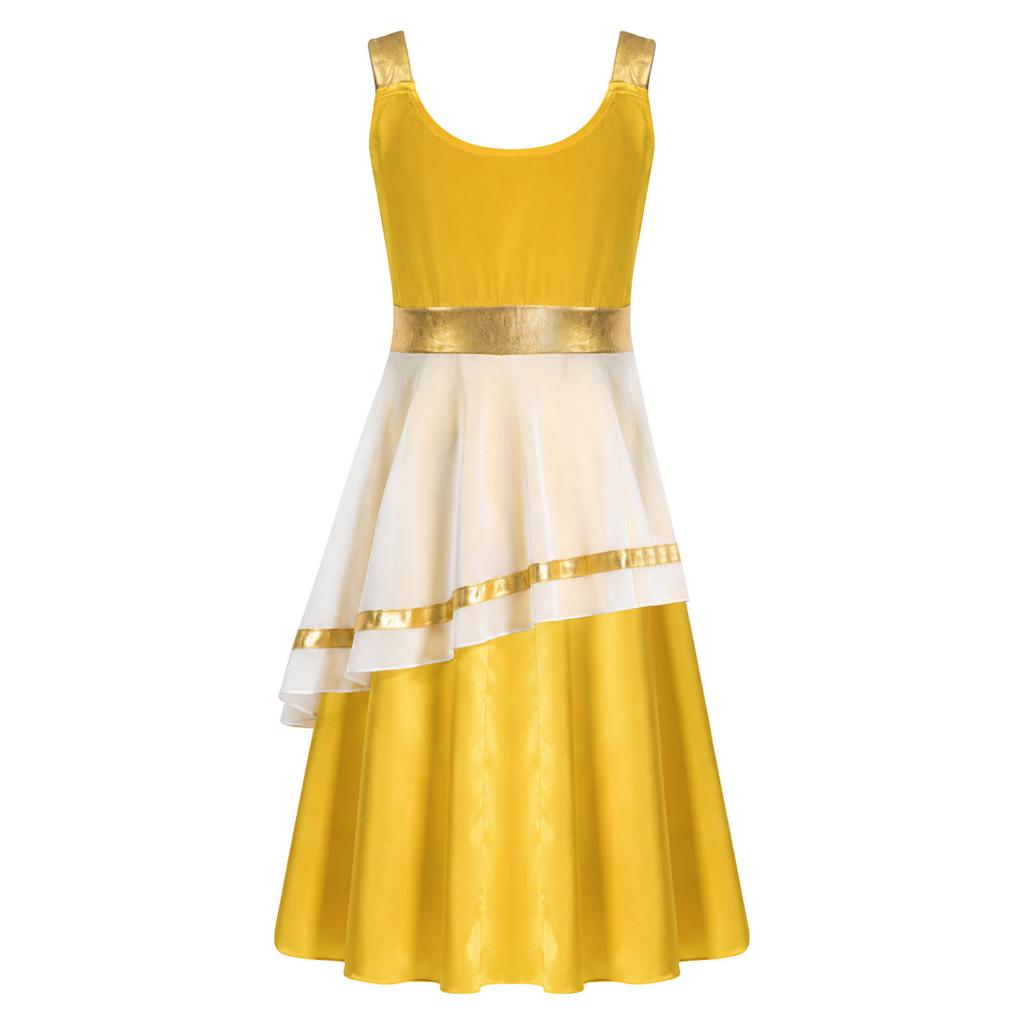 Kids Girls Ancient Greek Costume Color Blocked Layered Robe Sleeveless Side Invisible Zipper Metallic Trim Dress for Halloween Role Play Party