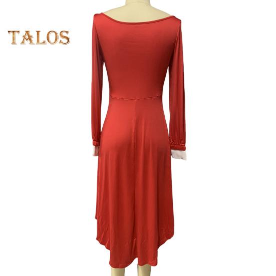 Christmas Performance Dress Fluffy Square Neck Pure Color A Line Irregular Hem Button Decor Festive Stage Show Santa Cosplay Costume New Year Party