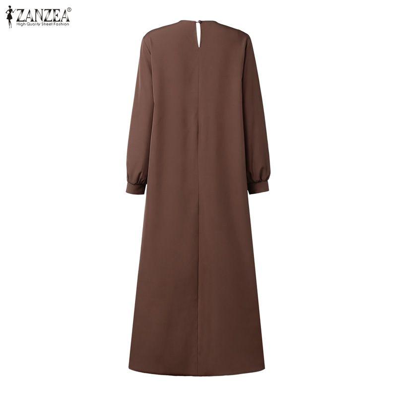 ZANZEA Abito casual musulmano da donna, girocollo, manica lunga, ampio, plissettato