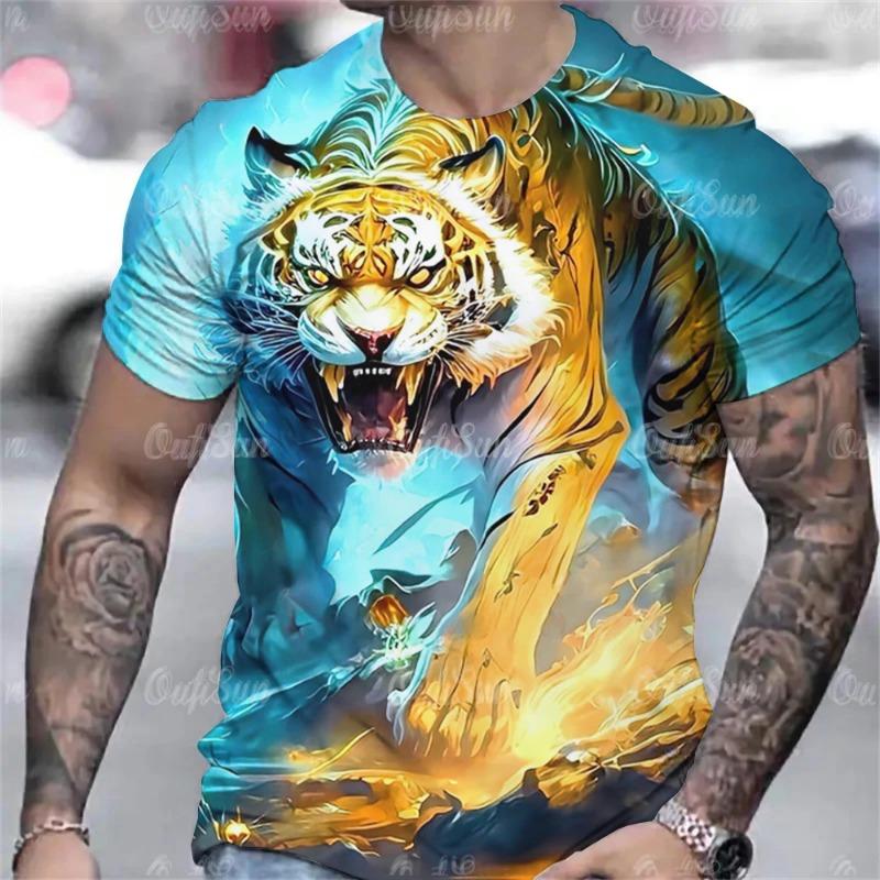 Tiger Print T-Shirt 3D Animal Men's Shirts Summer Short Sleeved Male Pullover Oversized T-shirts Casual Tops Tees Men Clothing